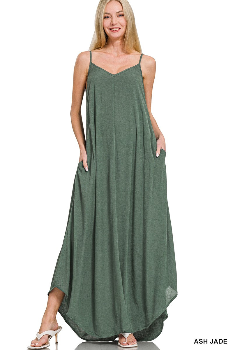 Zenana cami maxi dress Ash Jade, side pockets, V-neck straps