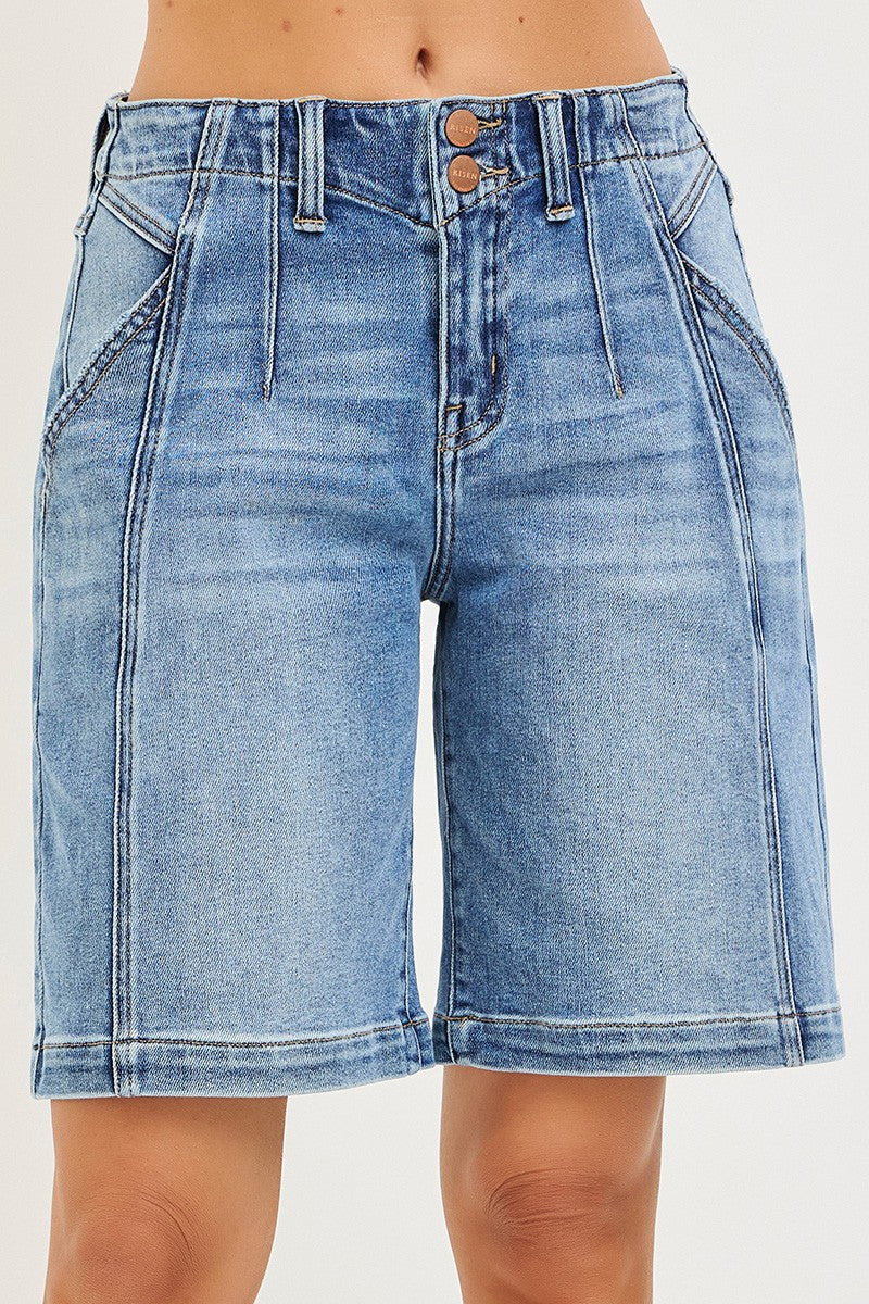 Medium-wash denim jorts back view with pockets and buttoned waistband