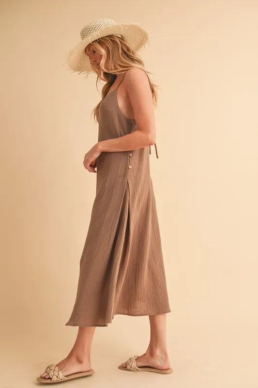 Mocha cami midi dress, sleeveless with side button placket