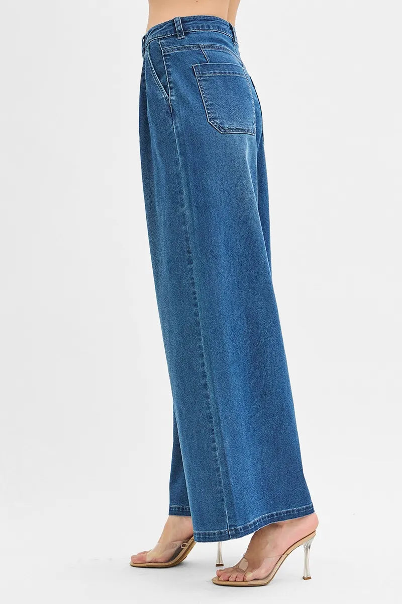 Mid-rise wide-leg jeans, medium-wash denim-look with back yoke and patch pocket