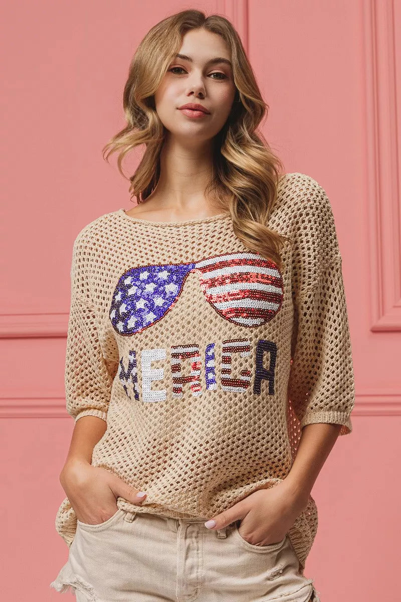 OATMEAL knit cover-up with sequin American flag sunglasses graphic