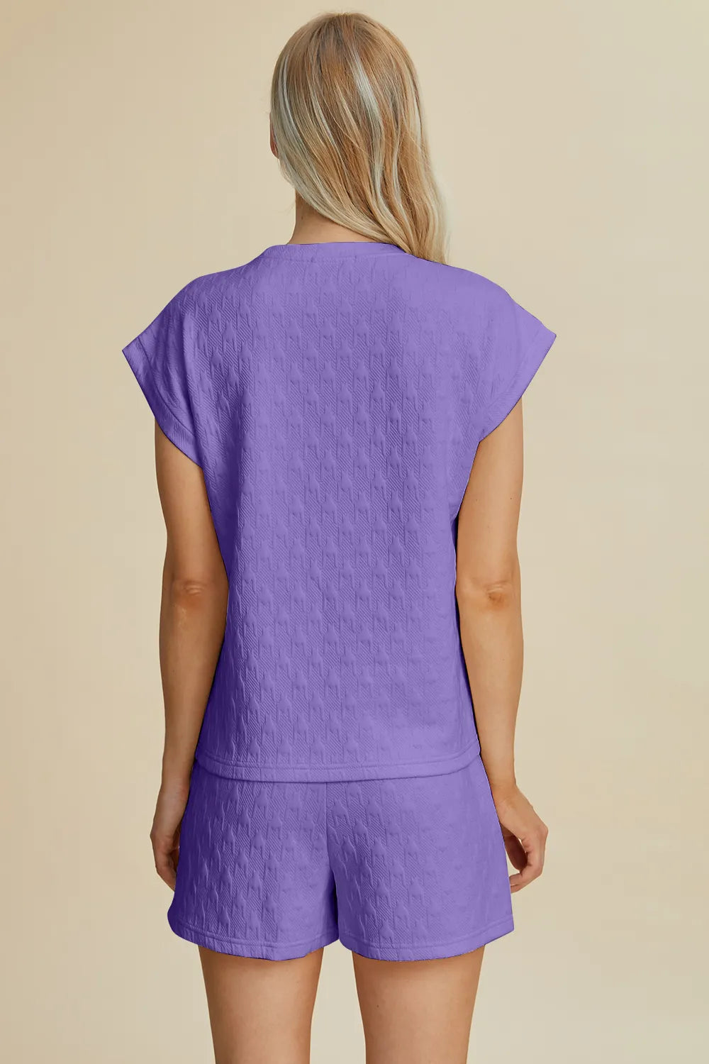 Lavender textured top and shorts set, back view