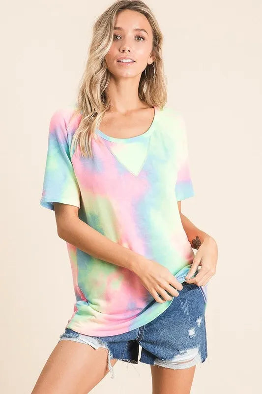 BiBi Tie-Dye French Terry Top mit buntem Pastell-Print und Rundhalsausschnitt