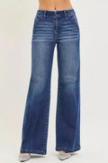 High-rise wide-leg jeans, dark wash denim with slanted front pockets
