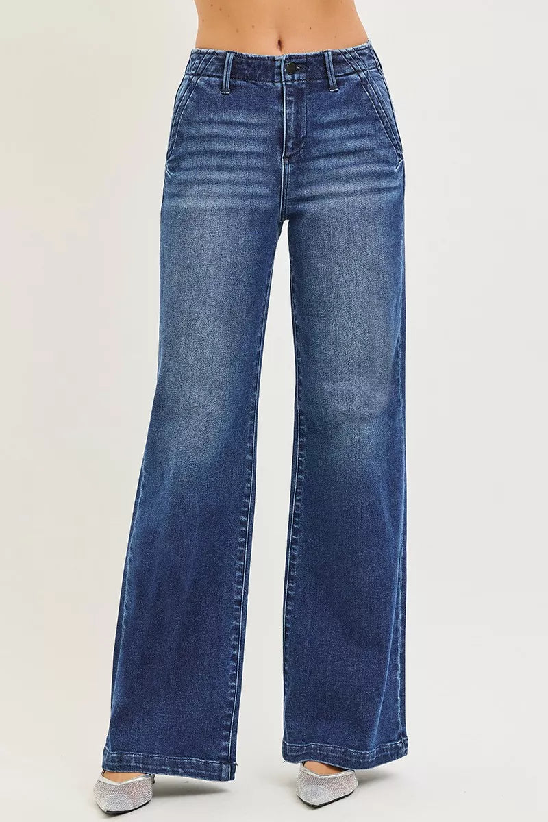 High-rise wide-leg jeans, dark wash denim with slanted front pockets