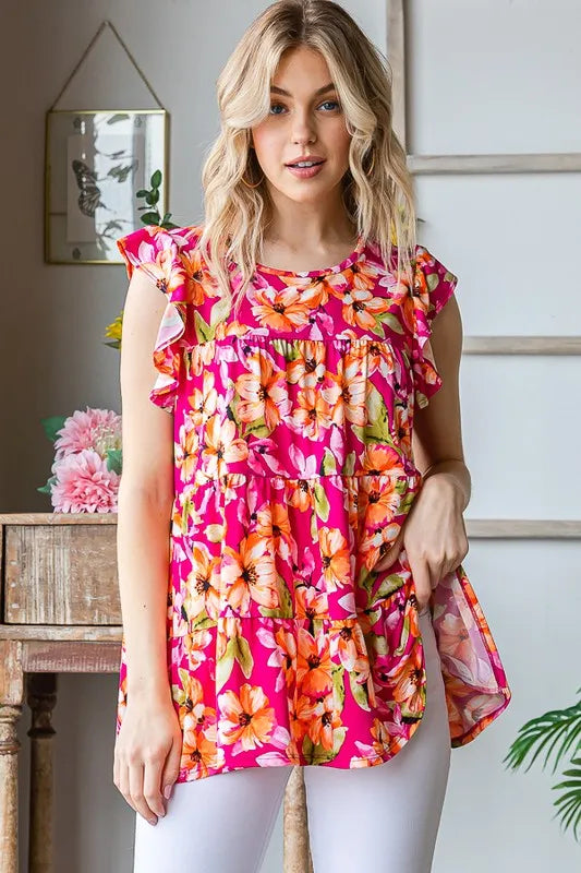 Fuchsia Blumenmuster-Top mit gerafften Volants in der Taille und kurzem Schmetterlingsärmel