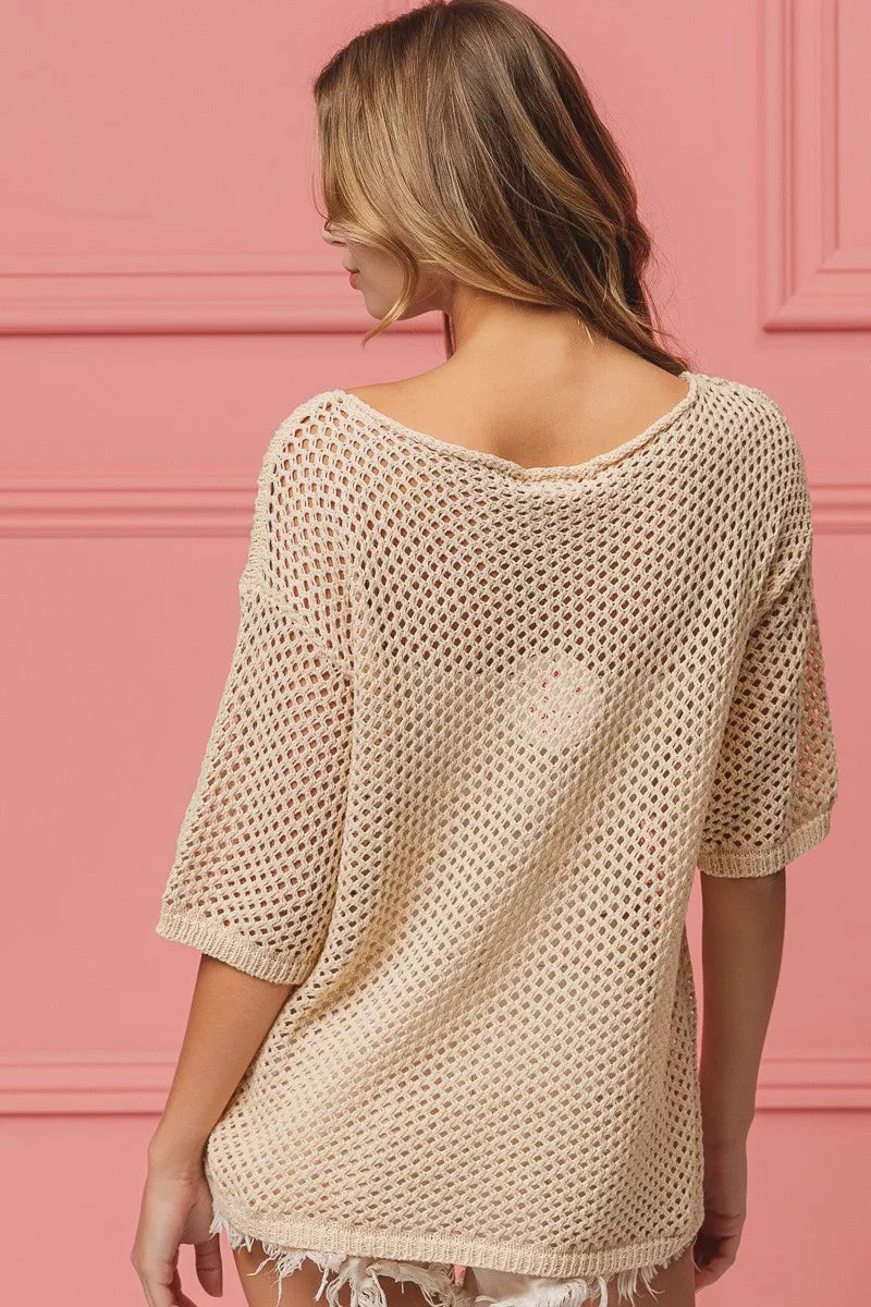 OATMEAL knit cover-up back view, short sleeves and frayed hem edge