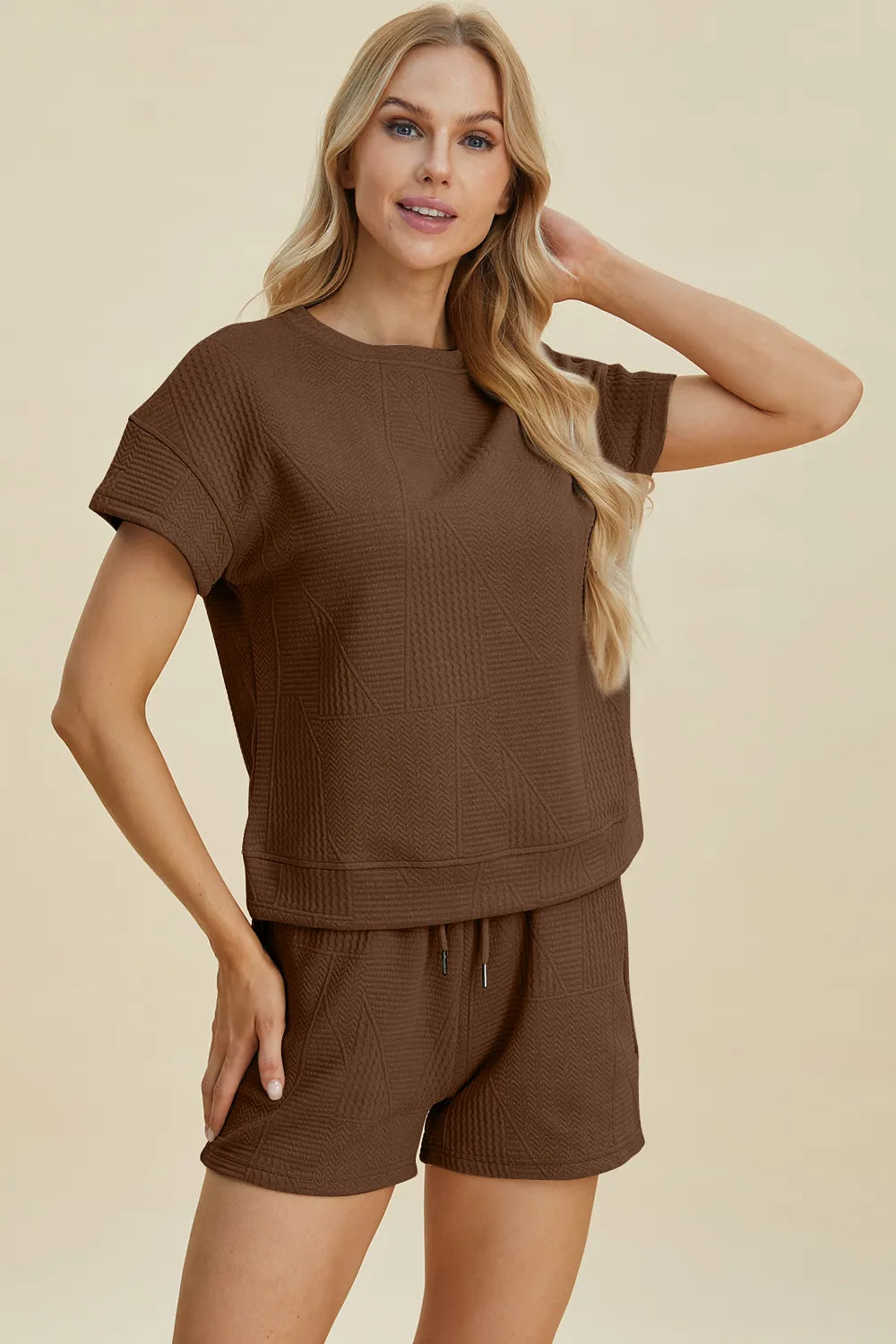 Brown textured short-sleeve top and drawstring shorts set, coordinated texture.