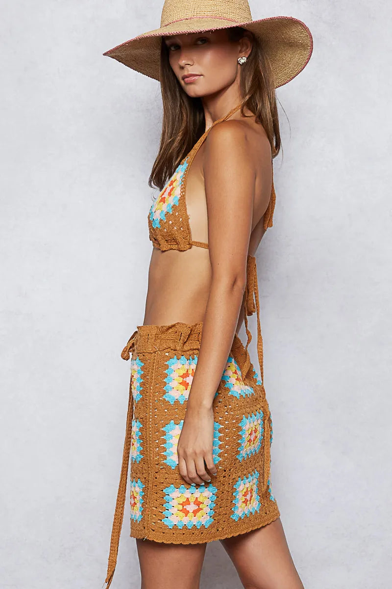 Side view: crochet halter cami and mini skirt, multicolor granny-square pattern