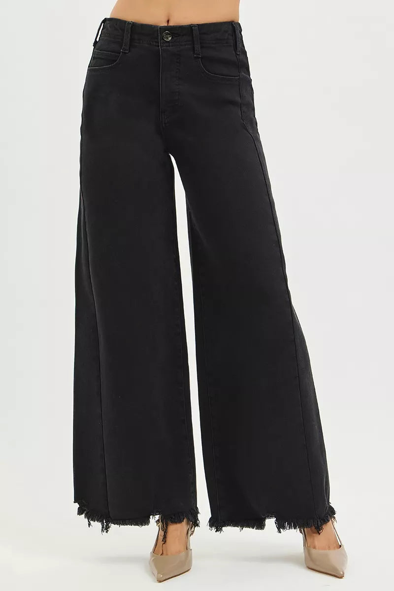 Black wide-leg denim palazzo jeans with frayed hem and button closure