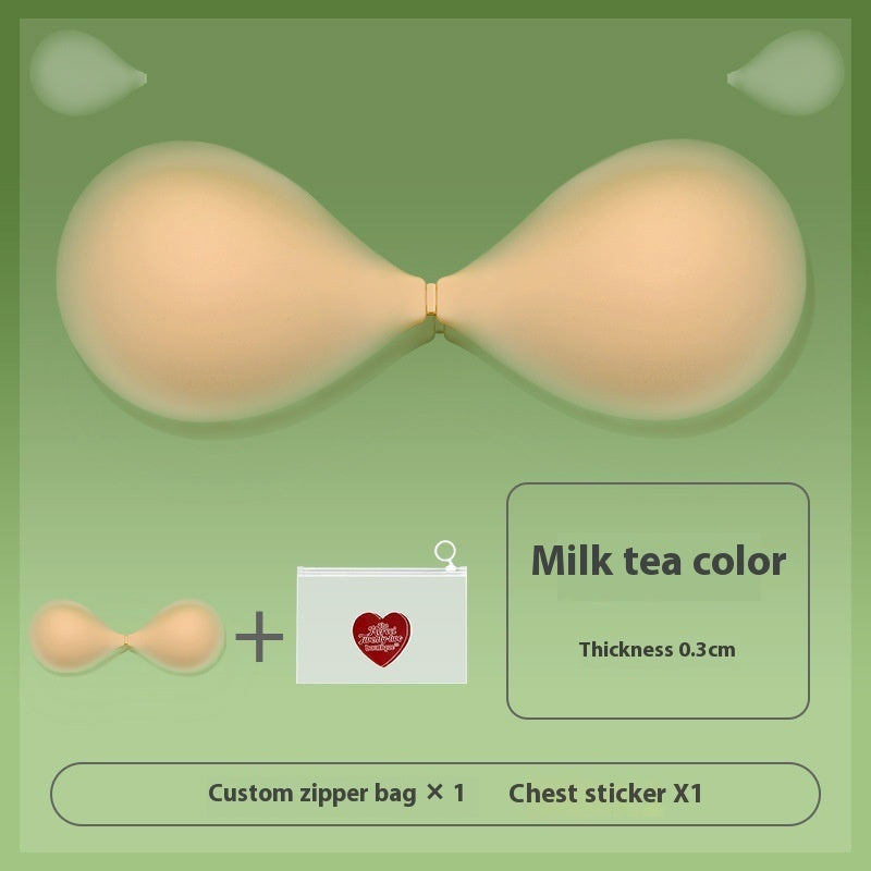 Lightweight adhesive silicone bra, strapless one-piece, milk tea nude color, smooth cups.