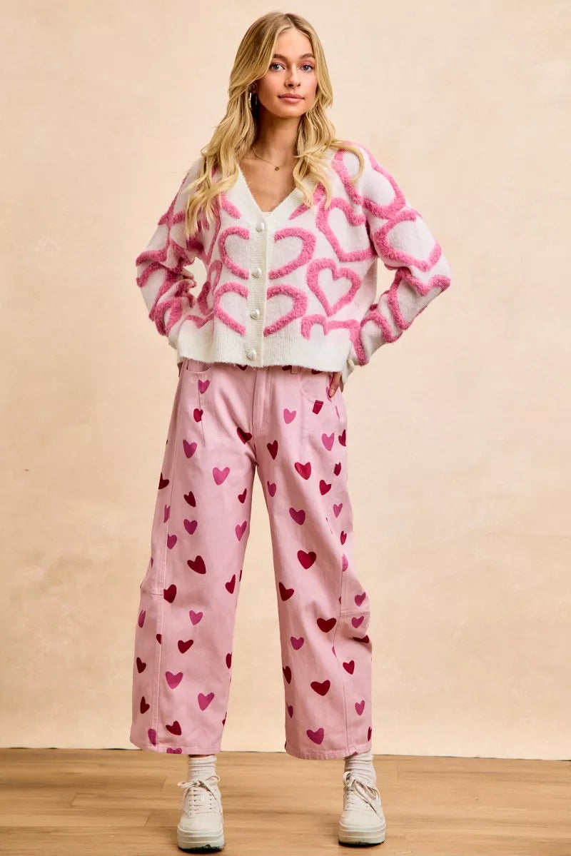Pink textured heart buttoned V-neck cardigan, short sleeves