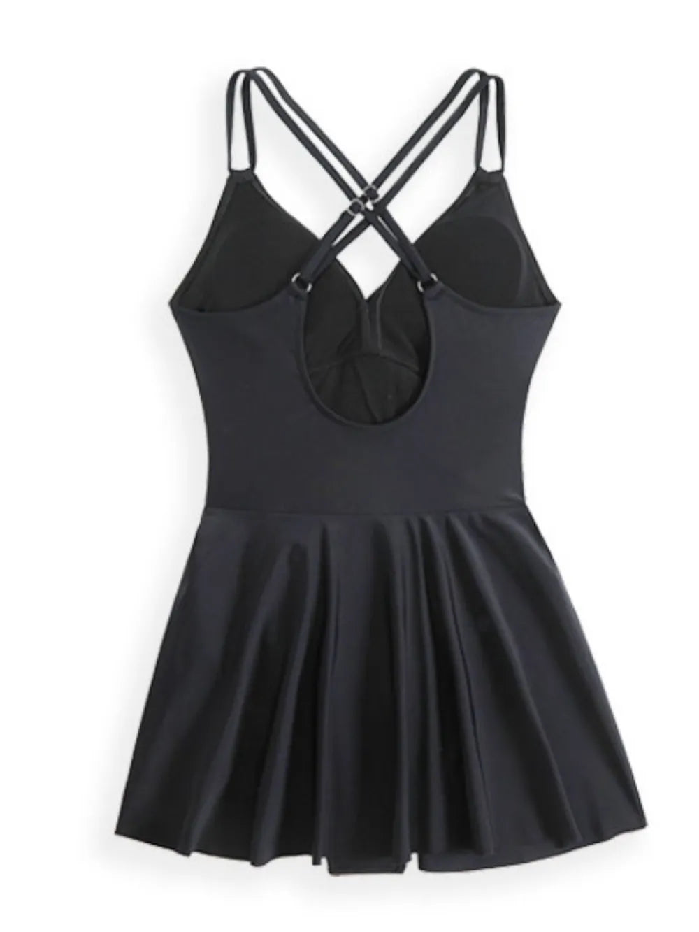 Black one-piece swimsuit with crossed straps at back and gathered bust