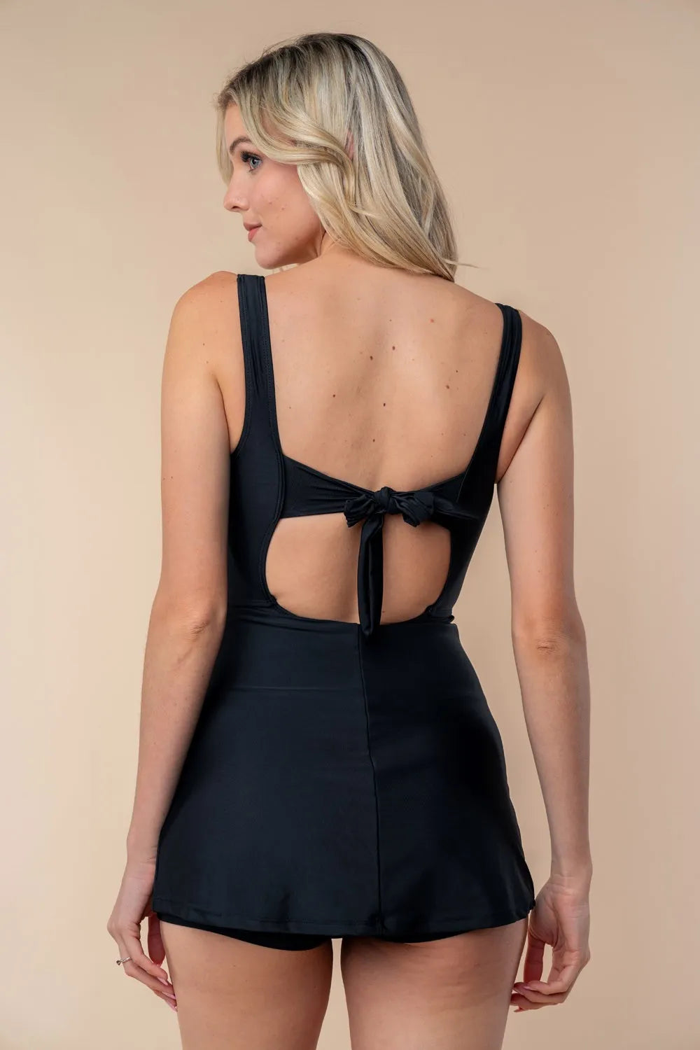 Black swim dress back with bow-tie open back detail