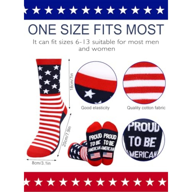 Patriotic crew socks shown for one size, with “Proud to be American” print