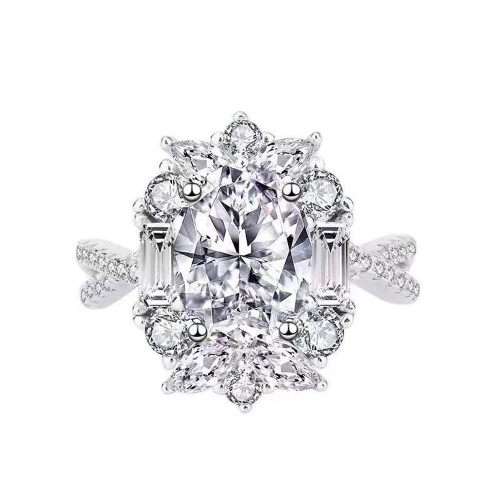 Isolierter Blick: 1-Karat-Moissanite Ring in 925 Sterlingsilber mit Halo und Seitenakzenten