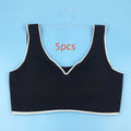 Black seamless back bra with V-neckline and wide straps, flat lay on hanger