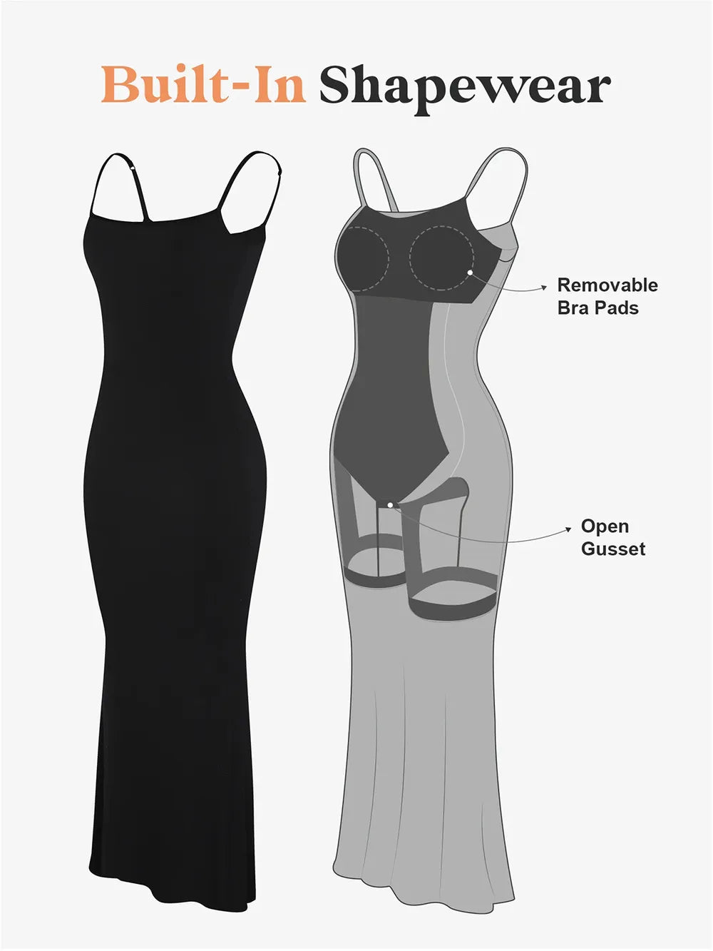 Built-in shapewear maxi dress diagram, removable bra pads and open gusset