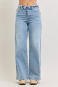 Light wash mid-rise jeans with fold-over waistband and wide straight legs