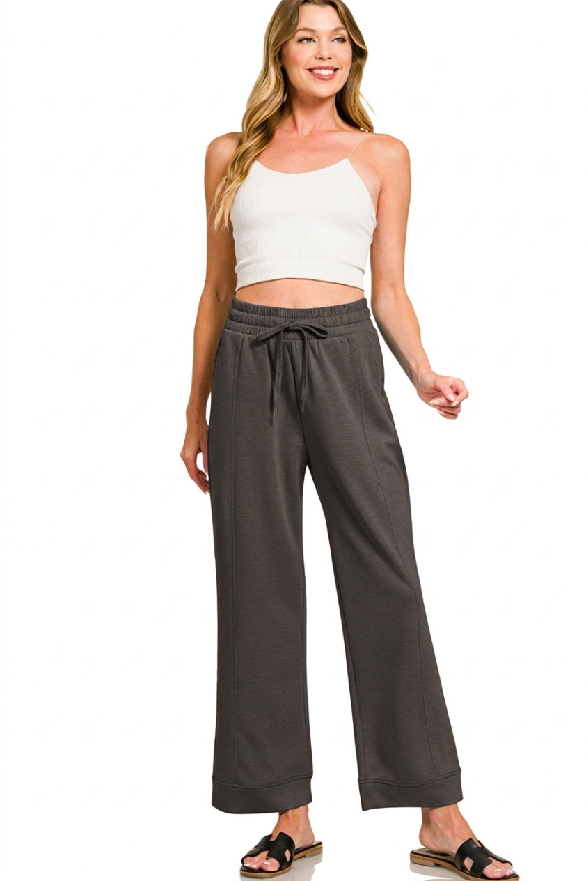 Scuba drawstring pants, black wide-leg with elastic waistband and drawstring