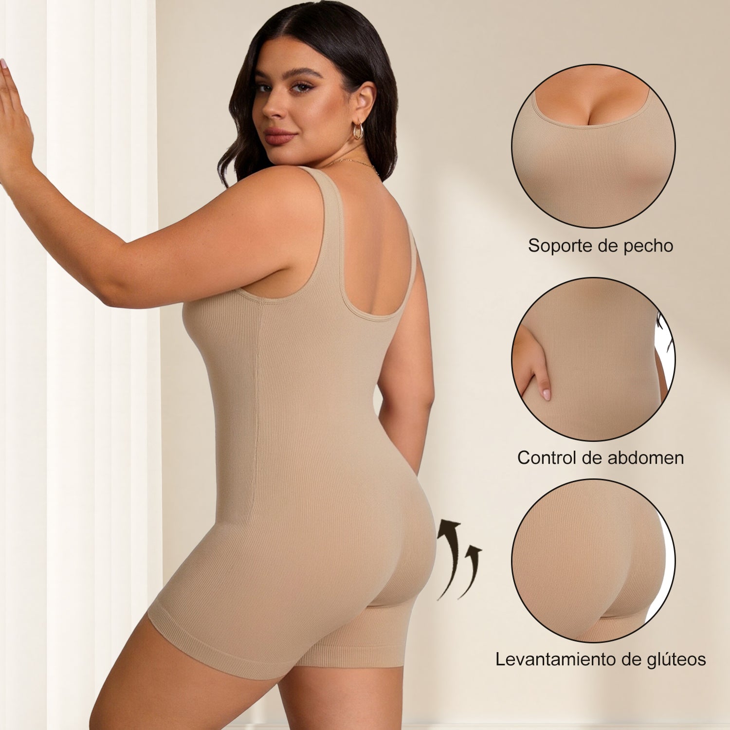 Beige womens compression waist trainer bodysuit in back view with scoop neckline and shorts
