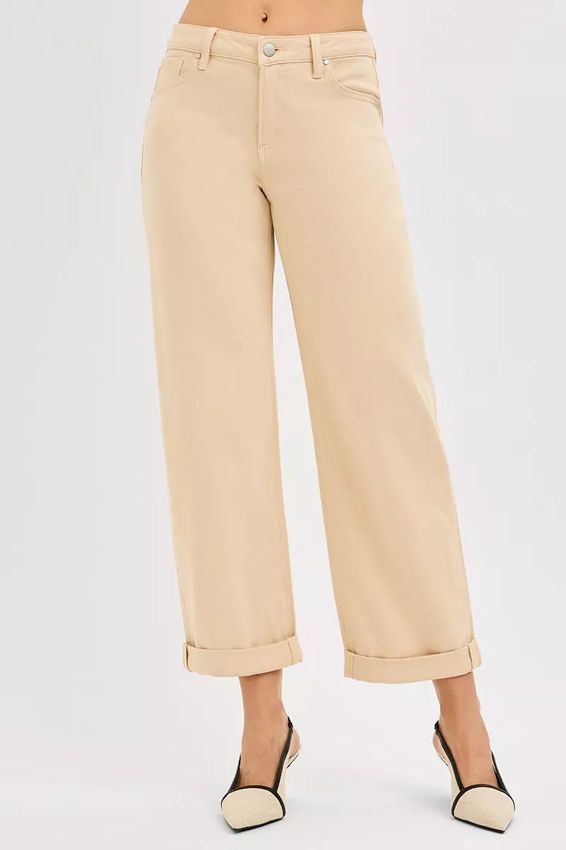 Butter milk mid-rise barrel relaxed jeans with tummy control, button fly, cuffed ankle