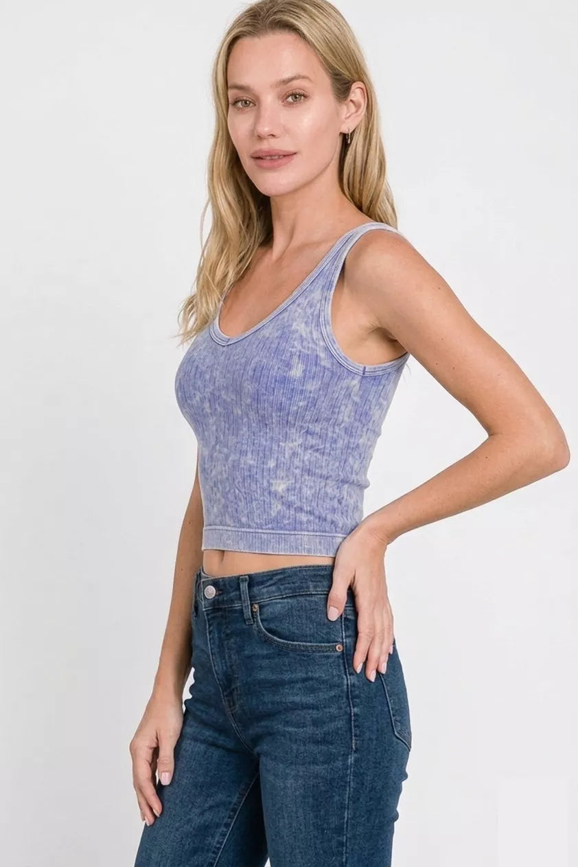 LT indigo washed ribbed seamless cropped V-neck tank top, side view