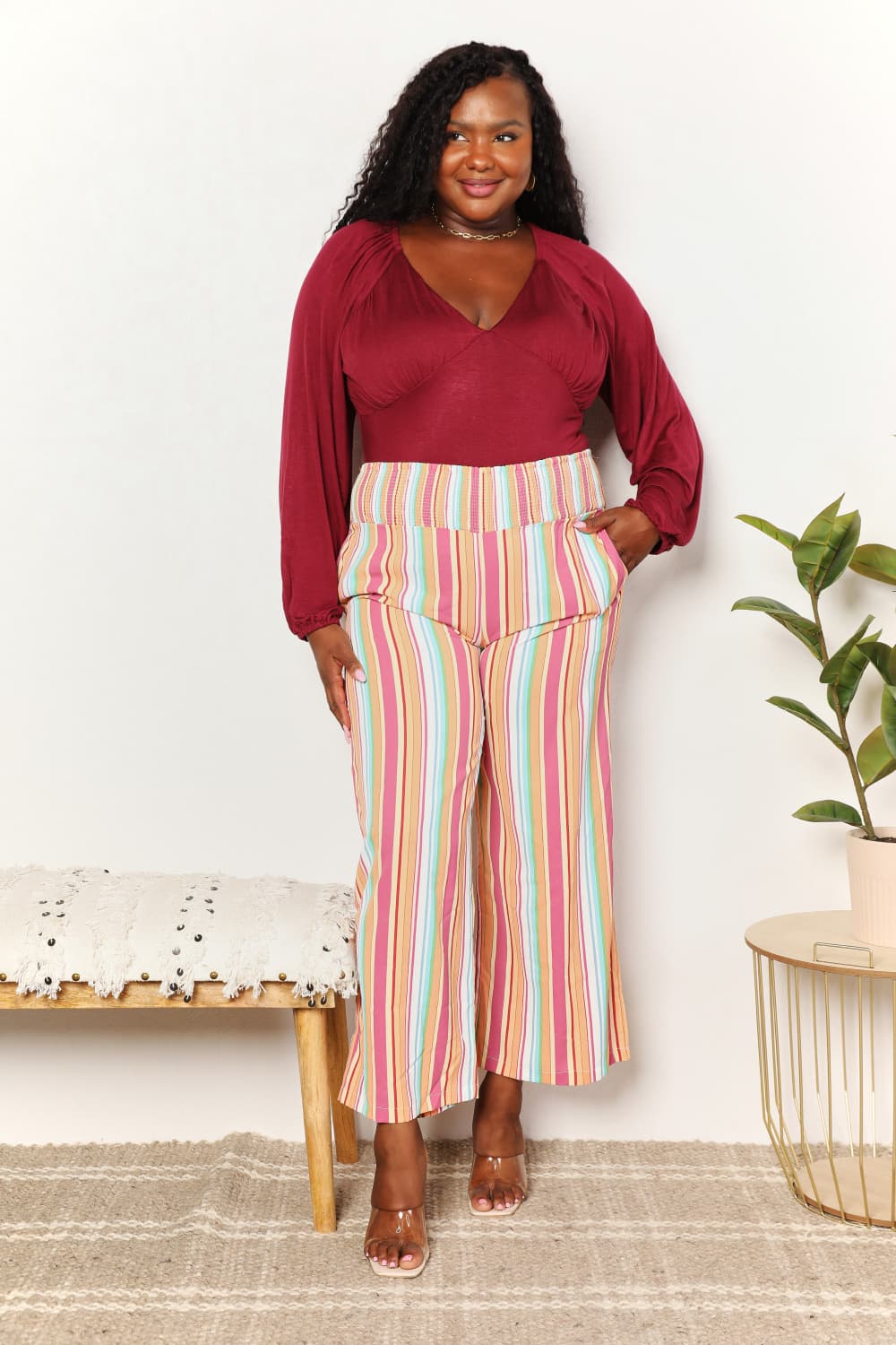 Striped smocked-waist pants with pockets, multicolor wide-leg style