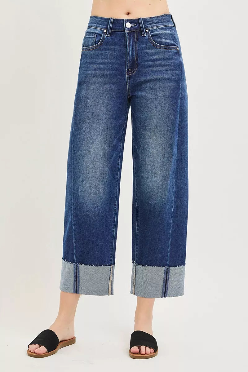 Dunkelblaue Jeans mit weitem Bein, High-Rise Bund, umgeschlagener Saum, Plus Size