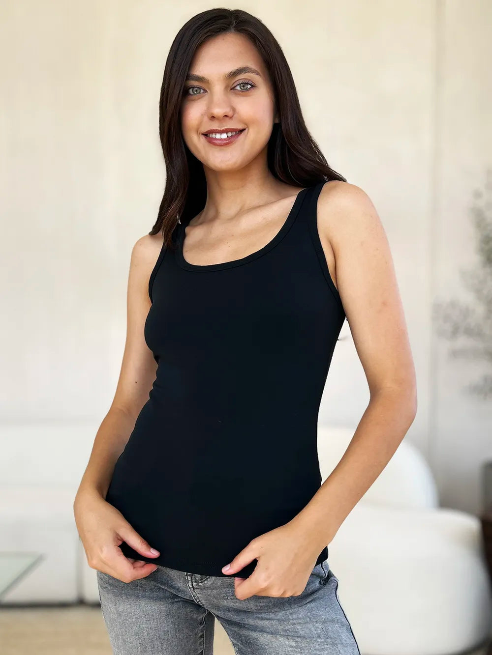 Black square-neck wide-strap tank top, sleeveless bodice