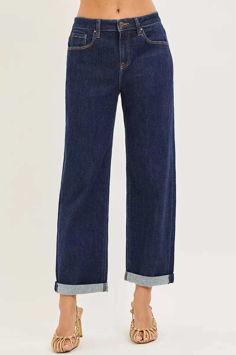 Dark blue cuffed hem boyfriend jeans, relaxed straight leg