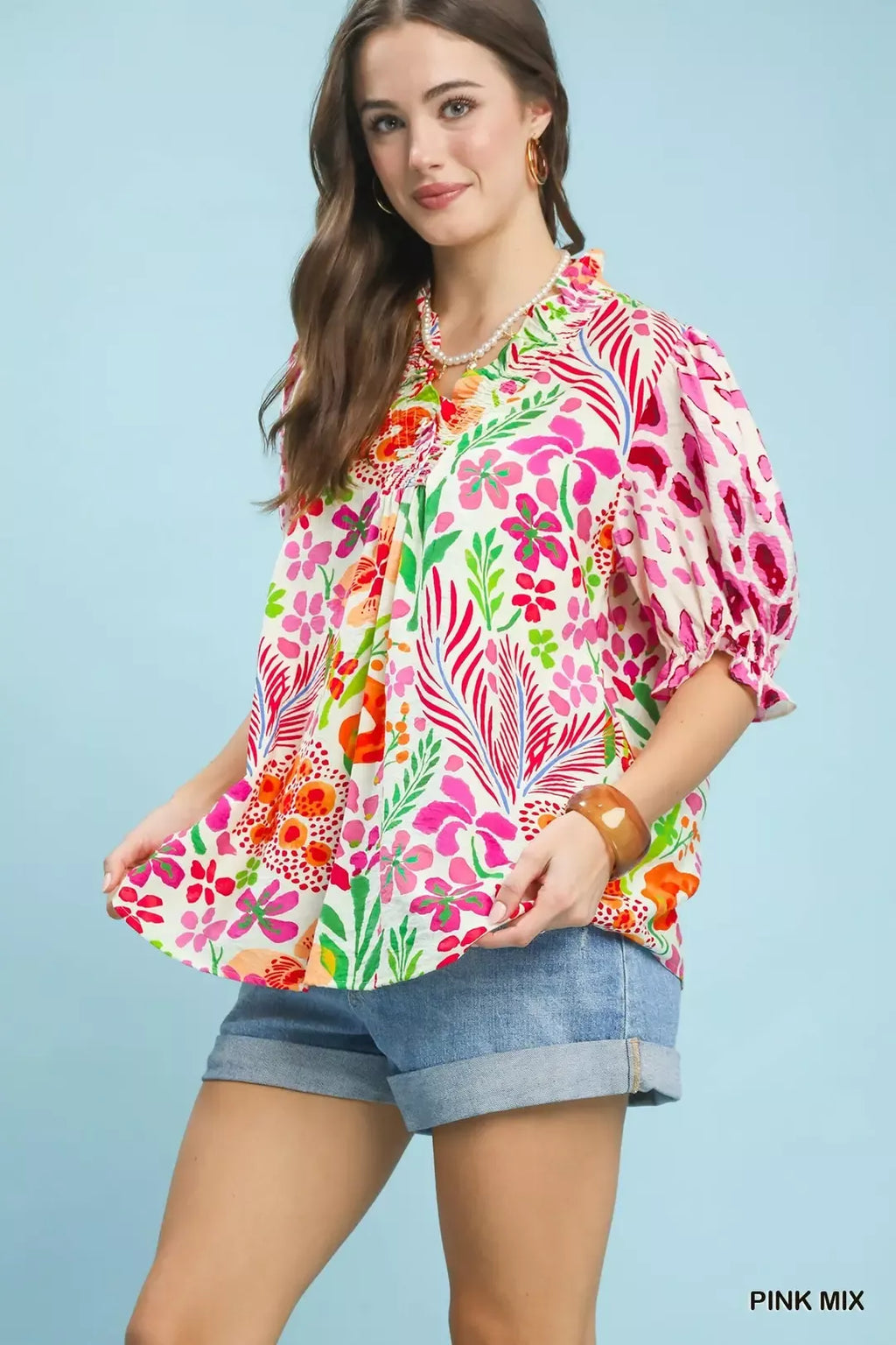 V-neck ruffle-trim puff-sleeve top with colorful leaf and flower print, pink mix