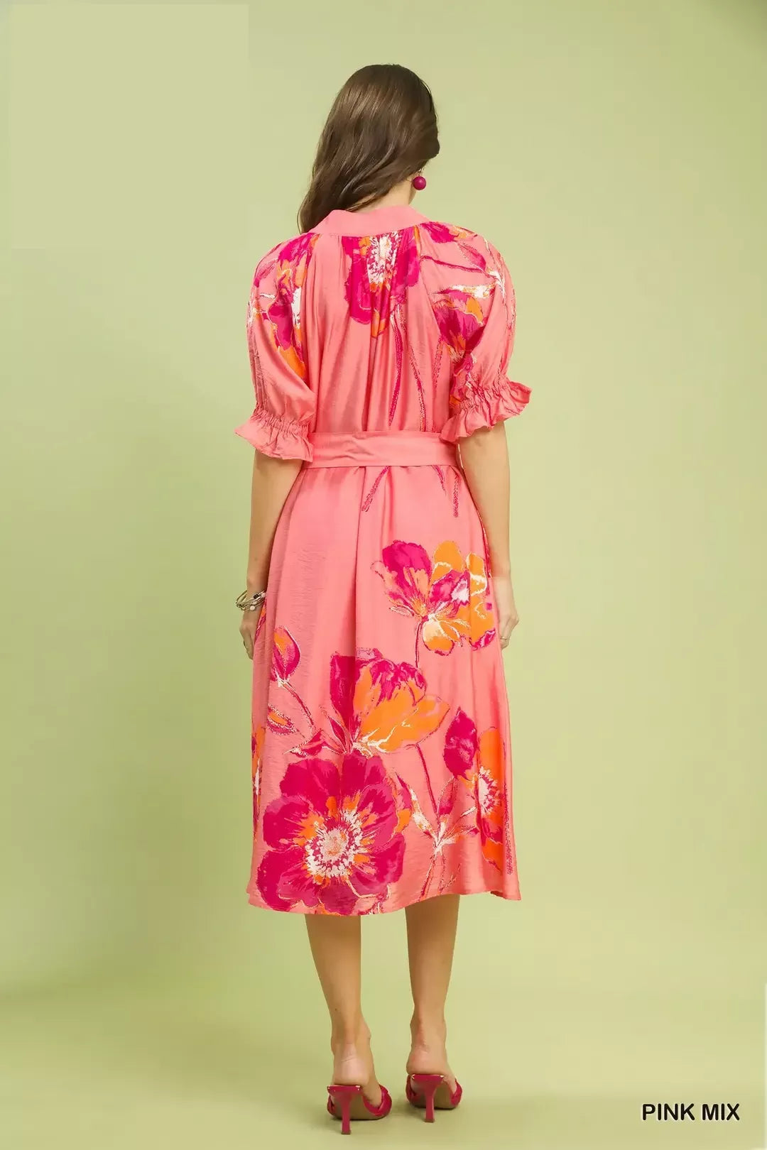 Umgee back view floral midi dress, pink mix, gathered shoulders, tied waist