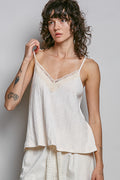 Lace V-neck textured knit cami in almond with lace-trim neckline