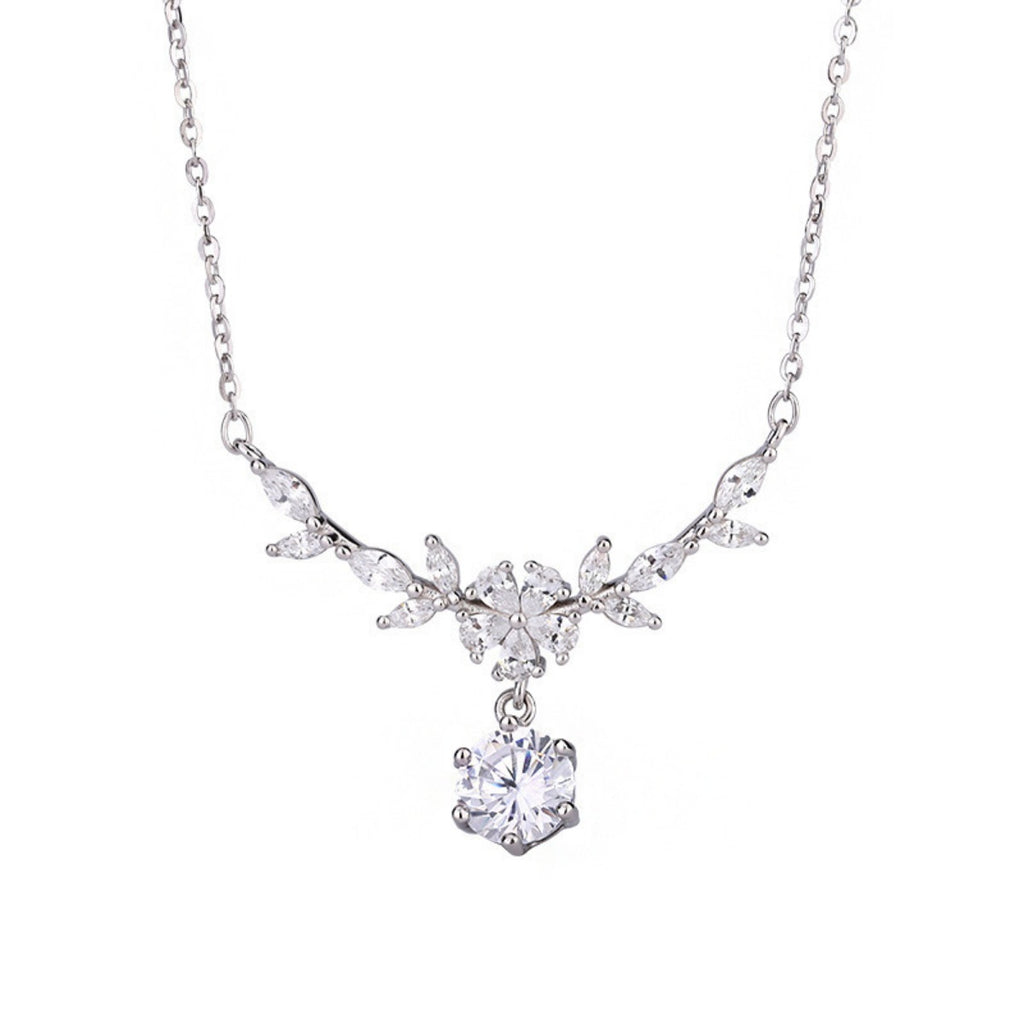 Sterling silver leaf flower necklace with 1 carat moissanite round pendant, chain links