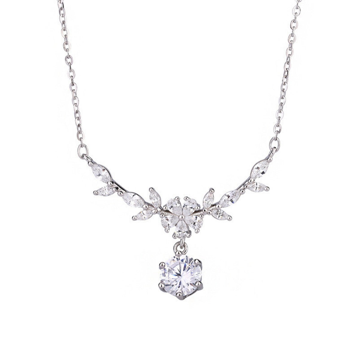Sterling silver leaf flower necklace with 1 carat moissanite round pendant, chain links