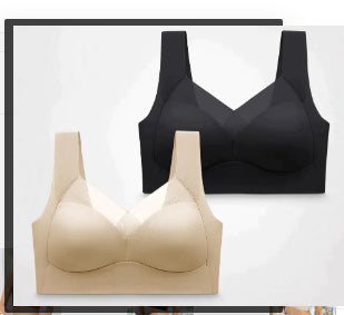Wire-free full coverage comfort bra set: black and beige bras with V-neck coverage