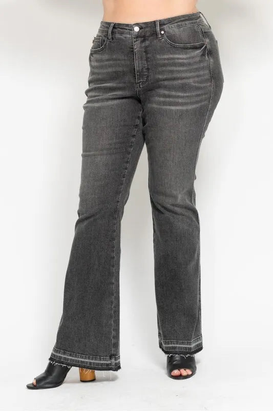Washed gray mid-rise flared jeans with release hem, button fly and front pockets