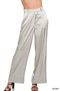 Zenana Wide-Leg Satin Pants in silver, relaxed wide legs and side drape