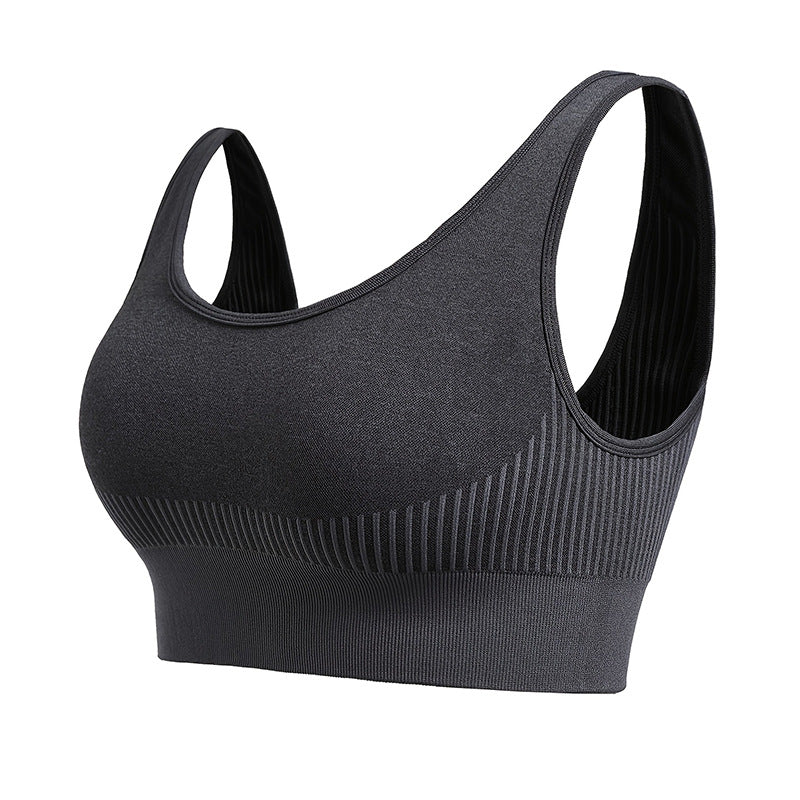 Seamless high-support sports bra, dark gray knit with racerback straps and underband