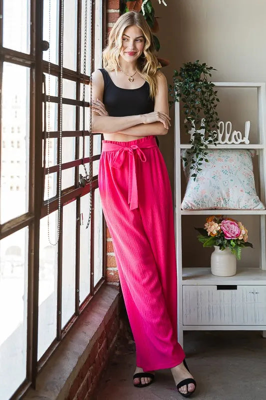 Watermelon paperbag waist wide-leg pants with tied sash at the front