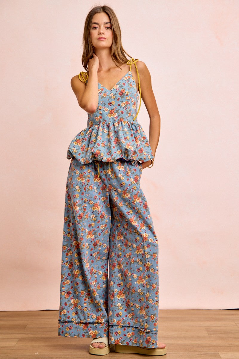 Denim-blue floral wide-leg pants with flowing wide leg and elastic drawstring waist