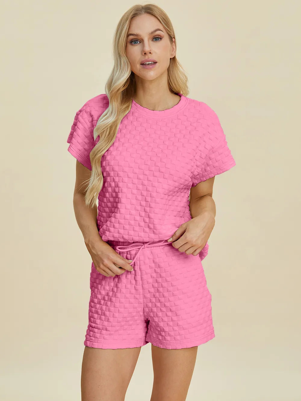 Pink textured T-shirt and shorts set, straight hem tee and relaxed shorts with drawstring