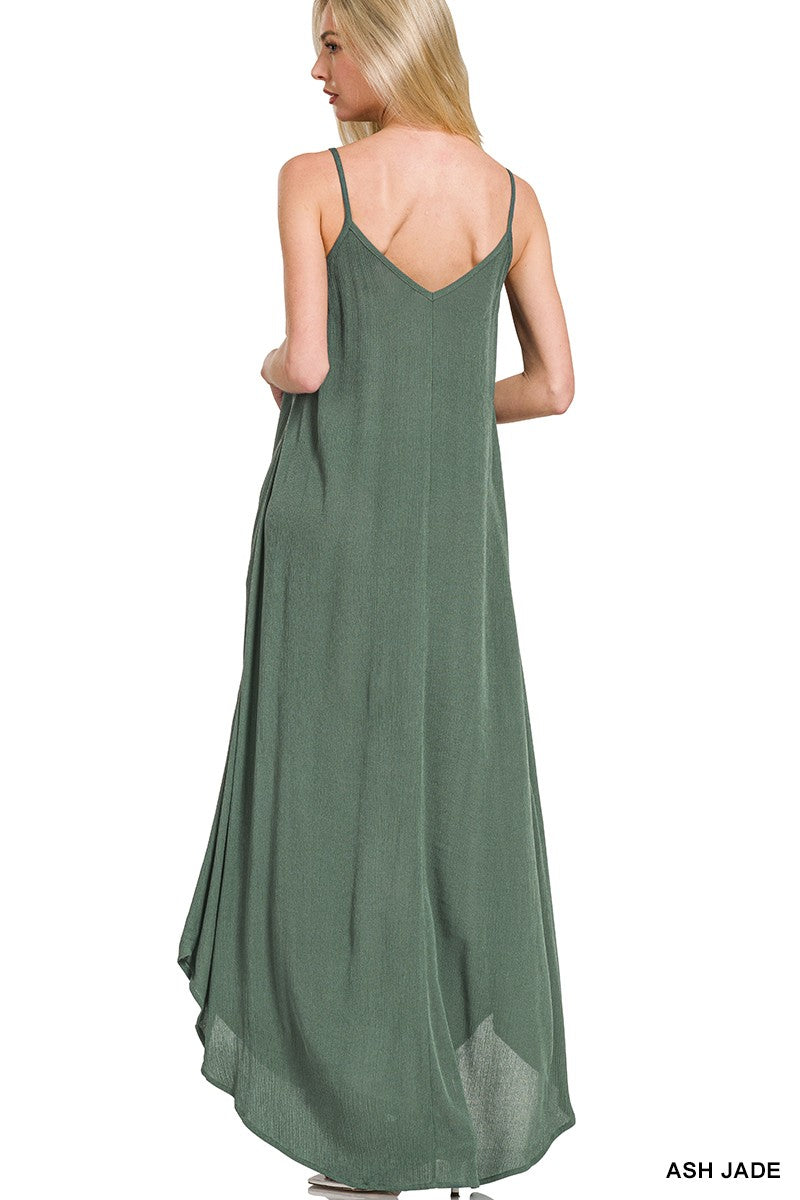 Back view Ash Jade cami maxi dress with spaghetti straps and draped hem