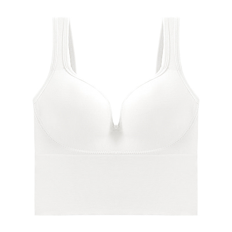 White soft support sports bra front with molded cups and wide smoothing band