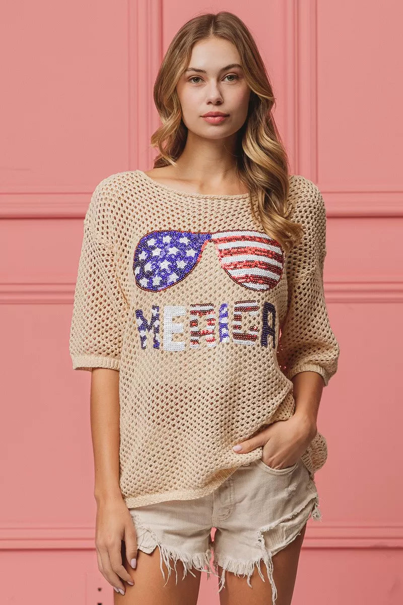 OATMEAL knit cover-up with sequin flag glasses and 'ME&ED' detail