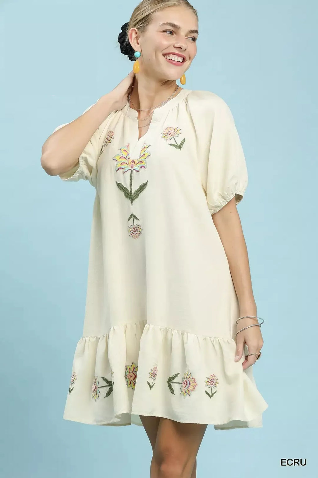 Ecru embroidered floral babydoll dress, puff sleeves, tiered hem
