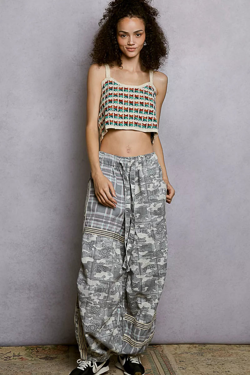 Full look: green multi striped cropped crochet cami with scalloped edge