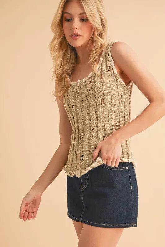 Khaki distressed knit tank, sleeveless with round neck; ribbed texture and scalloped edge hem
