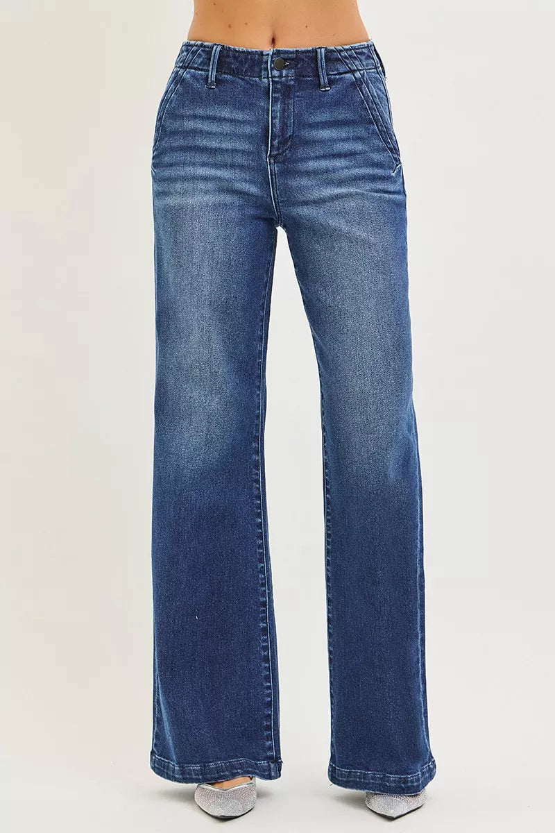 High-rise wide-leg jeans, dark wash denim with two back patch pockets